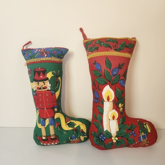 Vintage Stuffed Stocking Pillow Lot of 2 Candle Nutcracker 80s Kitsch Christmas - Picture 6 of 8